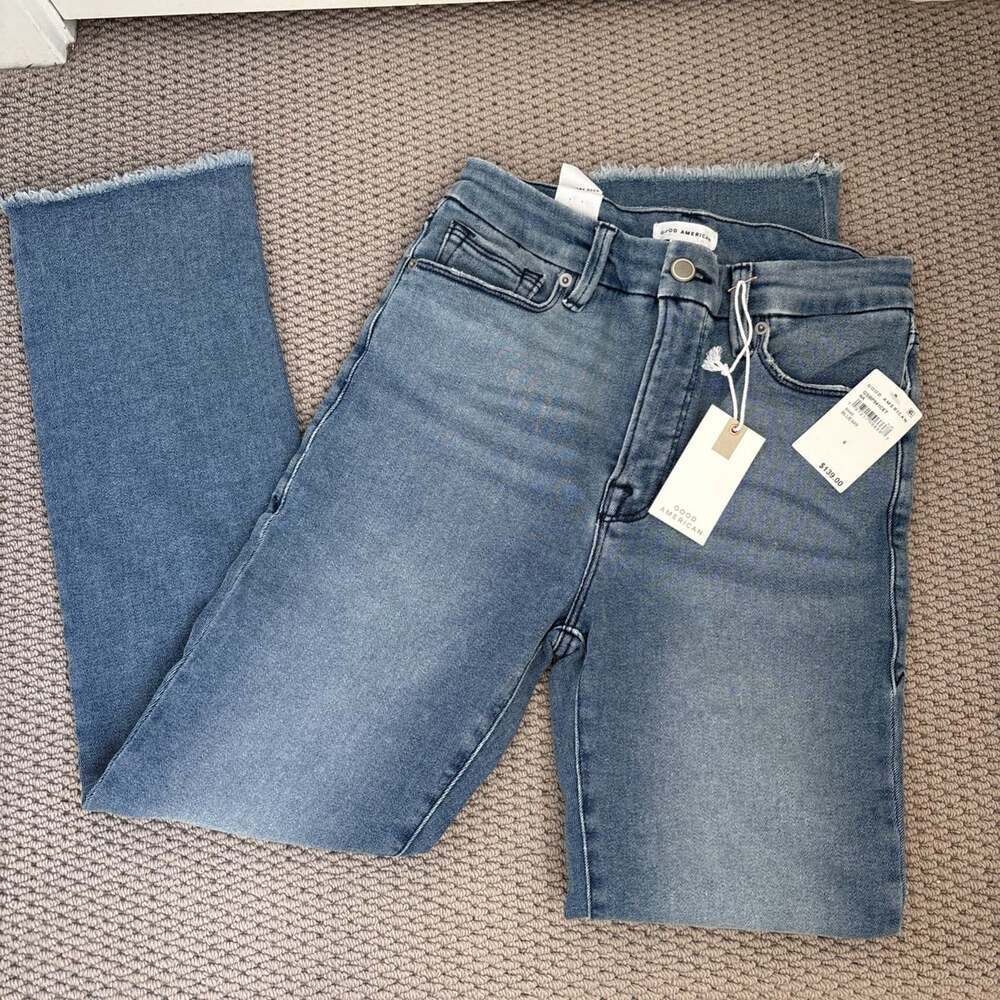 Good American Good Legs Straight Fit Mid Rise Stretch Raw Cuff Size 6 Distressed